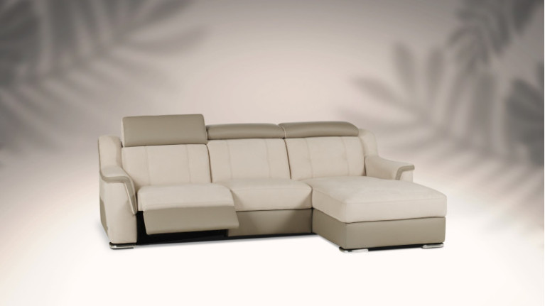 Canapé d'angle chaise longue relaxation CALIN - Canapé aux formes douces, revêtement bi-matière cuir et microfibre aspect nubuck