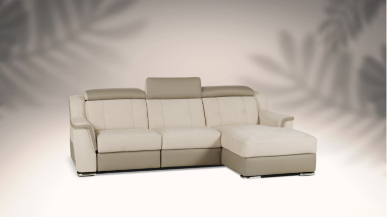 Canapé d'angle chaise longue CALIN - Canapé aux formes douces, revêtement bi-matière cuir et microfibre aspect nubuck.