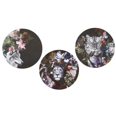 Tableau rond FELIN - Tableau lion, loup ou encore tigre avec motifis floraux pour une décoration pleine de charme.