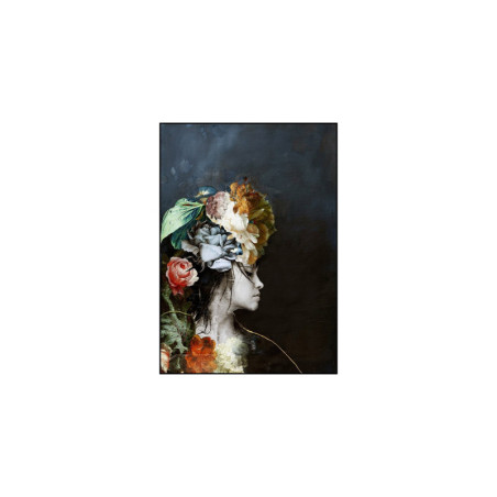 Tableau OREADE - Portrait femme avec fleurs multicolores dans les cheveux. Afficha encadrée sans verre.