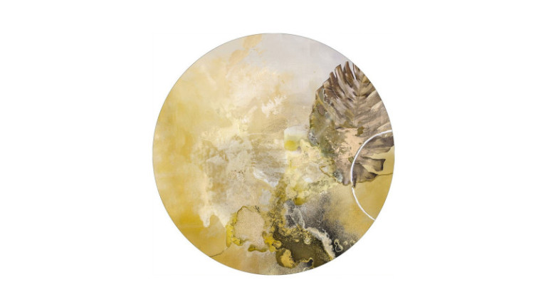 Tableau PALM GOLD - Tableau doré de forme ronde avec feuillage pour un intérieur aux tons naturels.