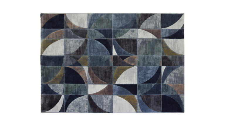 Tapis MONETTI - Tapis graphique effet vintage à dominante bleue, idéal pour une salle à manger, un salon ou encore une chambre.