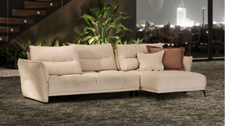 Canapé d'angle chaise longue INTRIGO - Véritable nid douillet, ce canapé d'angle en tissu est ultra confortable. Un design épuré