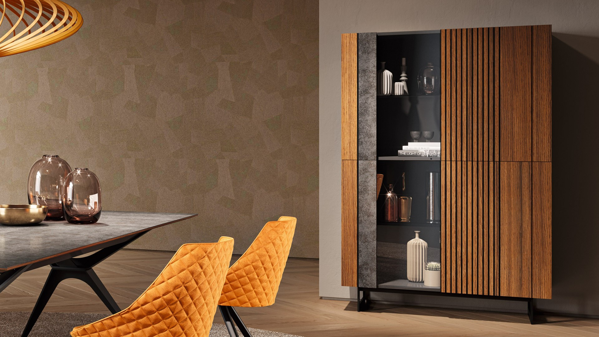 Vitrine PIANA - Elegante façade striée en bois. Se décline dans une impressionnante palette de teintes et de finitions.