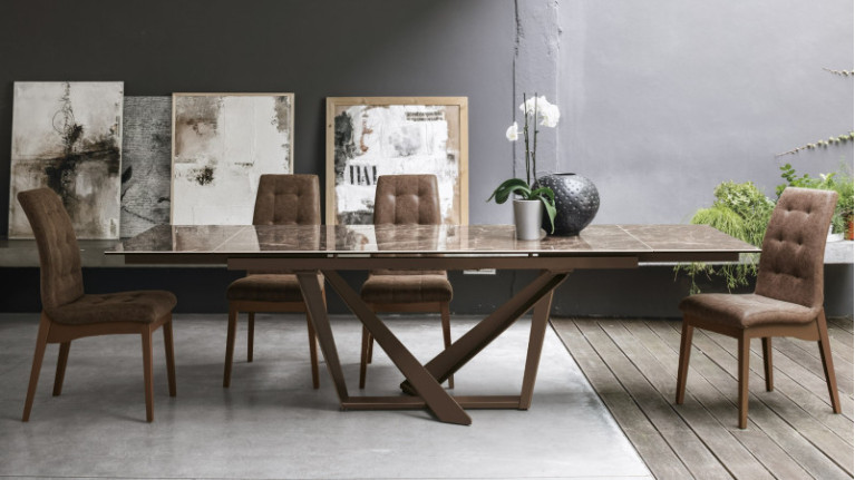 Table de salle à manger moderne effet marbre blanc et pied doré BOGOTA