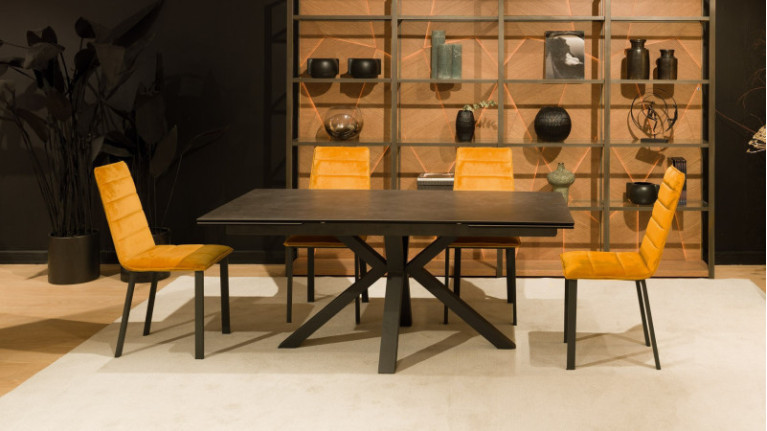 Table de repas extensible JASMIN - Plateau 180cm en céramique inrayable et 2 allonges intégrées en bout de table de 50cm chacune