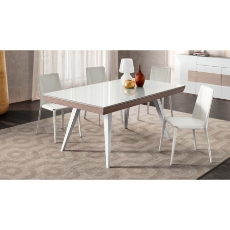 Table de repas extensible NOLA - Une tablea contemporaine avec plateau en verre laqué et 2 allonges de 50cm en bout de table.