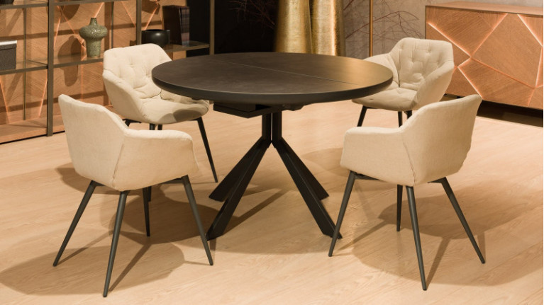 Table de repas ronde extensible COLZA 120 cm - Plateau céramique haute résistance, allonge papillon centrale de 40 cm
