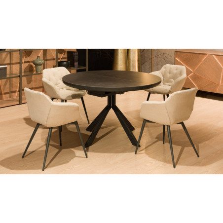 Table de repas ronde extensible COLZA 120 cm - Plateau céramique haute résistance, allonge papillon centrale de 40 cm