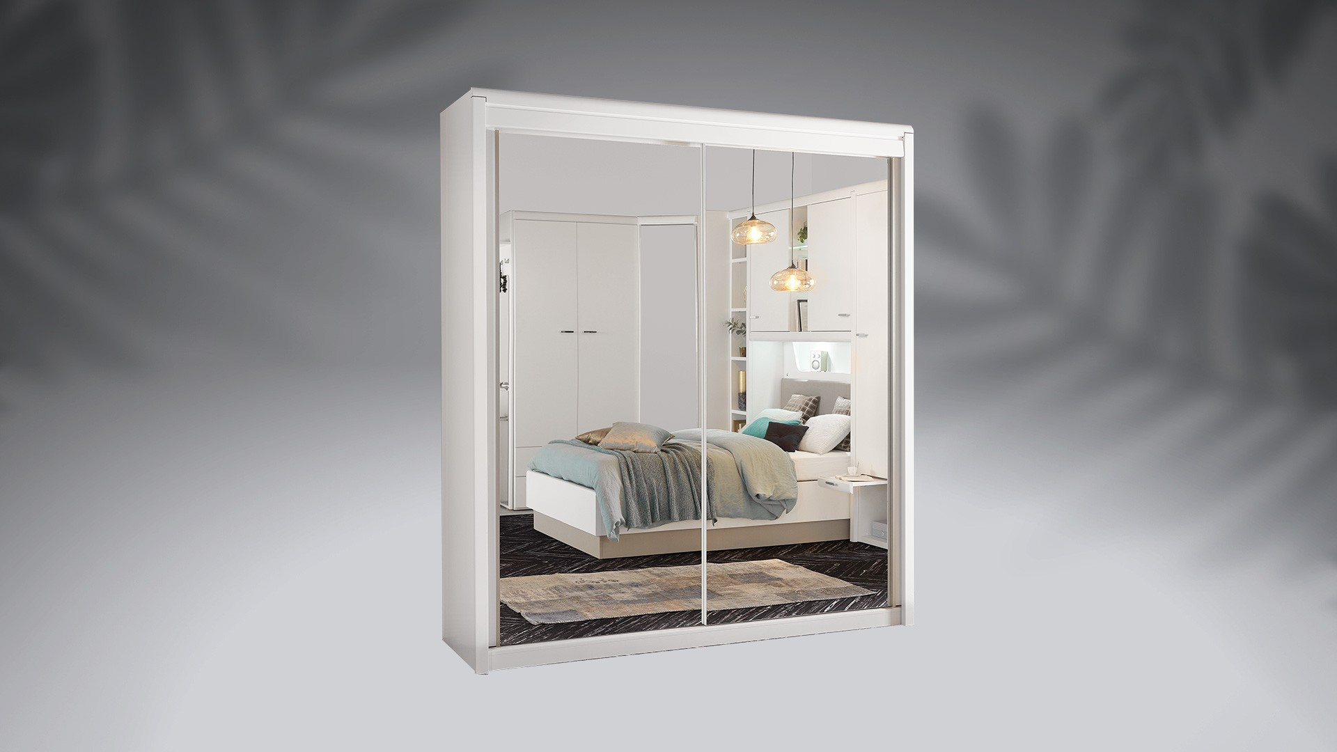 Armoire penderie étagères 4 portes 2 tiroirs miroir intérieur 230 cm - 3D