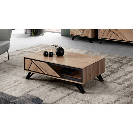 Table basse DIAGO - Sa façade structurée en Chêne Sauvage massif lui donne un cachet unique. 3 teintes de bois disponibles