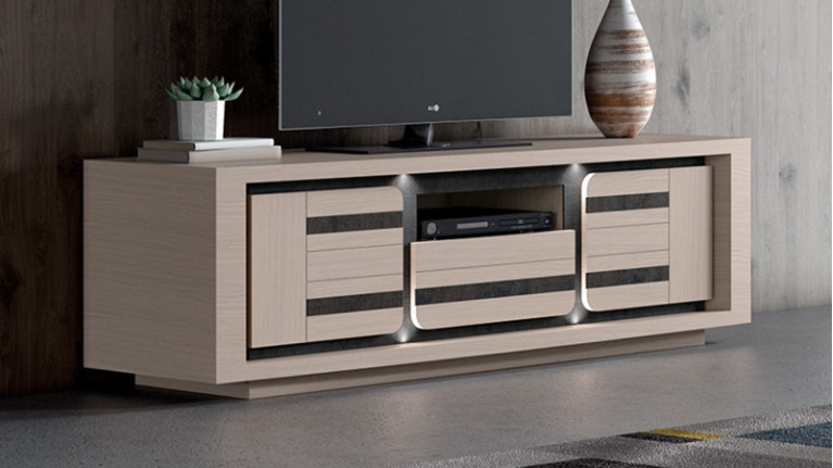Meuble TV 2 portes et 1 tiroir EDEN - mélange de chêne et de céramique pour sublimer votre salon en toute simplicité.