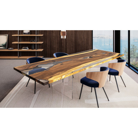 Table de repas en bois brut UNIQUE - Un plateau en bois noble et résine, pièce unique et numérotée pour une salle à manger haut