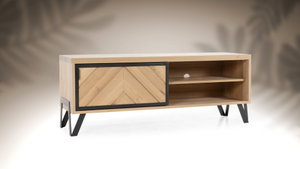 Meuble TV Mural Design Chêne - 135x32x30 Cm - 2 Portes Abattantes, Rangement Intégré