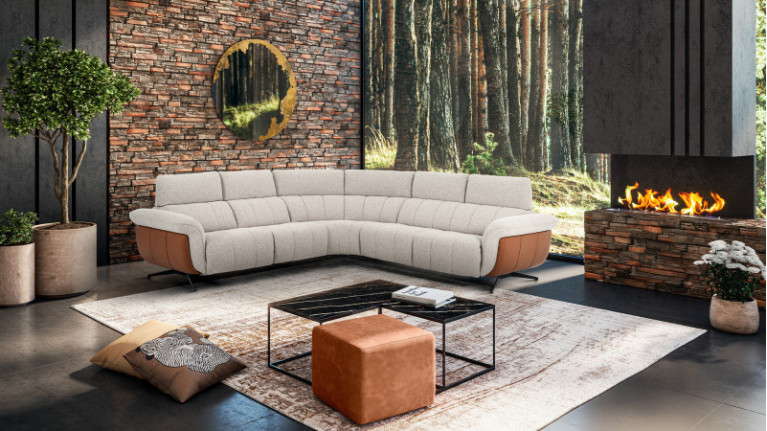 Canapé d'angle en tissu gris clair et cuir marron camel INDIANA