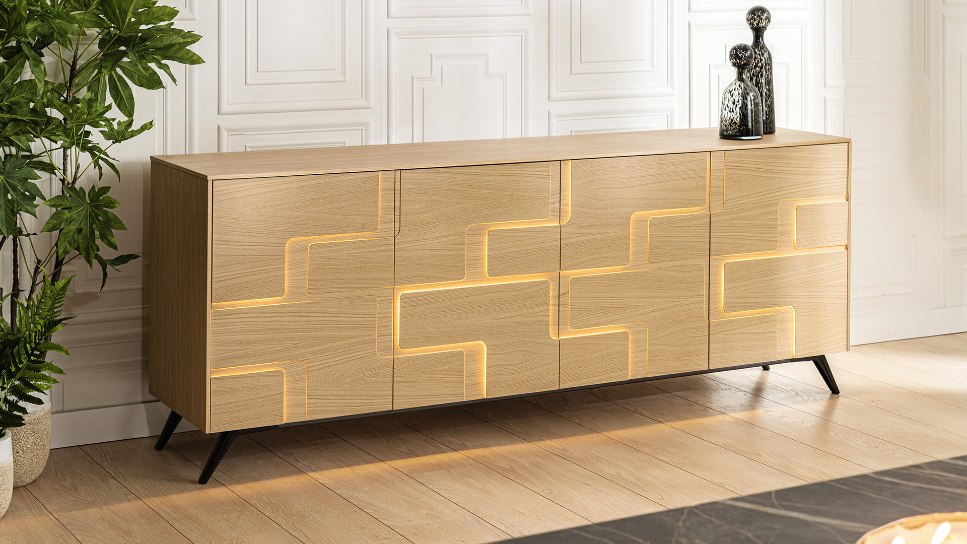 Buffet 4 portes chêne PUZZLE | Rangement généreux