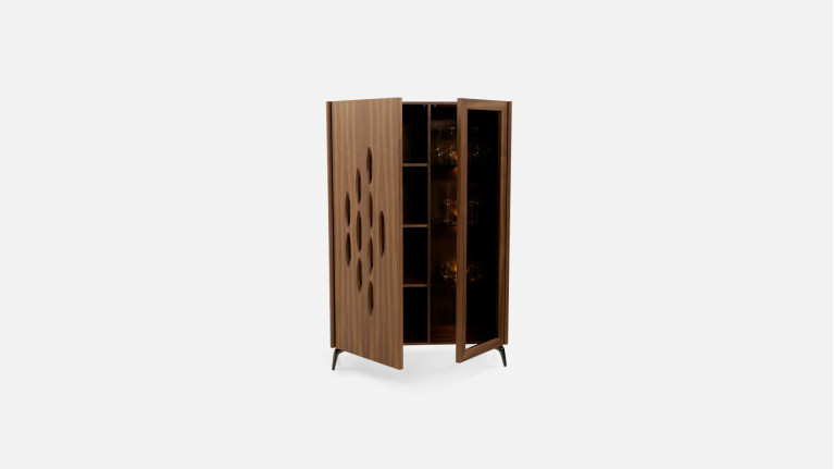 Vitrine OROS - Placage noyer naturel | Élégance sculptée et éclairage