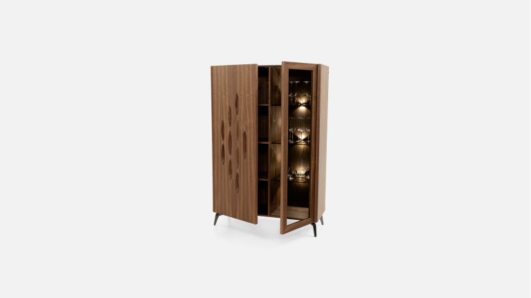 Vitrine OROS - Placage noyer naturel | Élégance sculptée et éclairage
