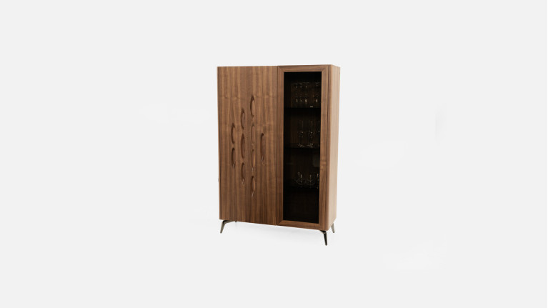 Vitrine OROS - Placage noyer naturel | Élégance sculptée et éclairage
