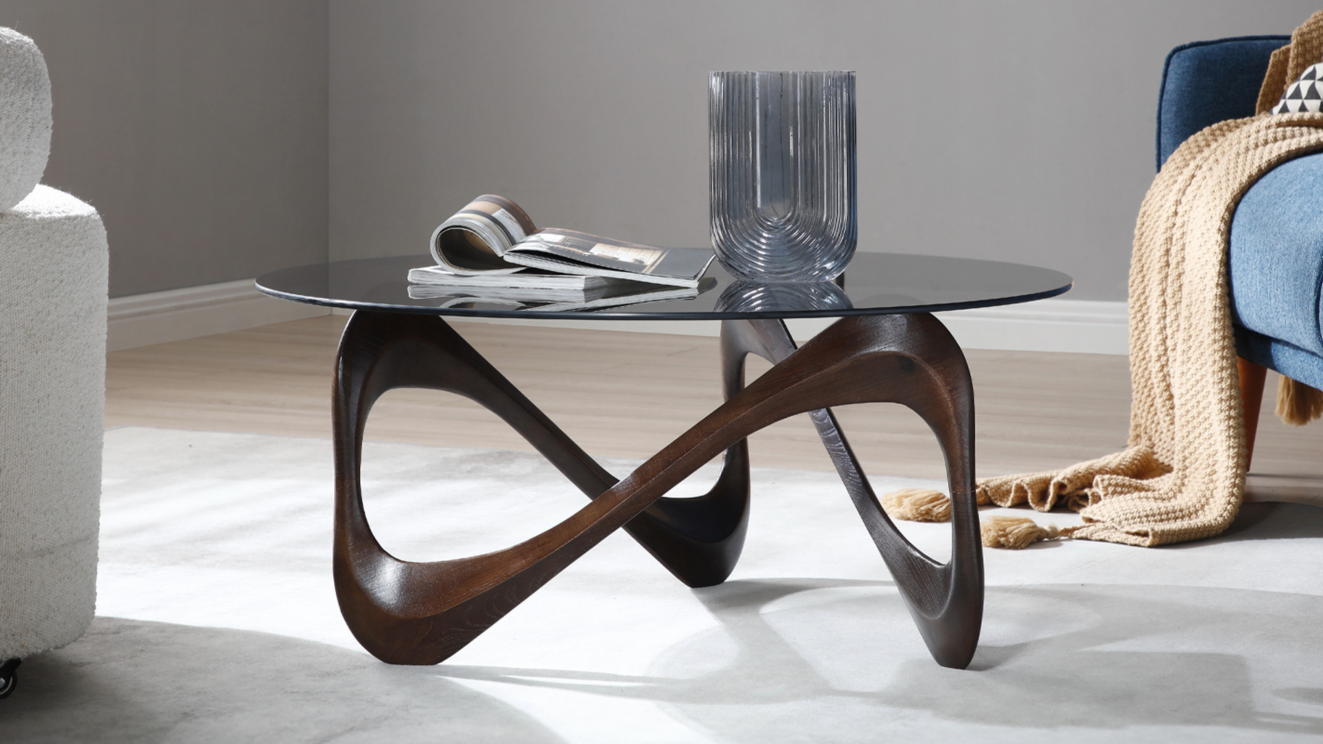 Table basse MEDUSA | Design sculptural en verre fumé et bois foncé