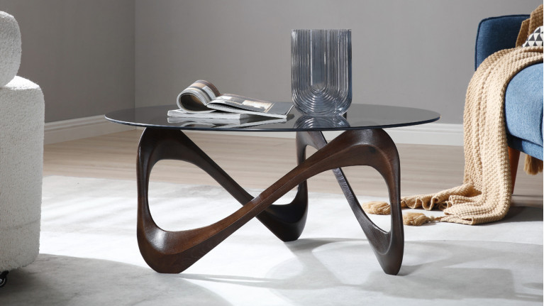 Table basse MEDUSA | Design sculptural en verre fumé et bois foncé