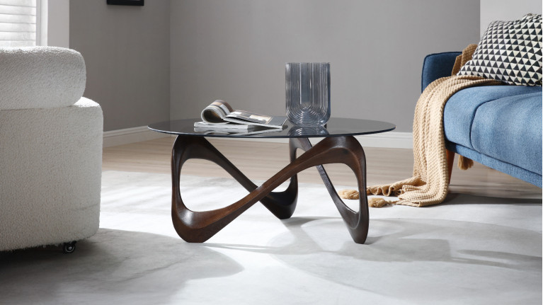 Table basse MEDUSA | Design sculptural en verre fumé et bois foncé