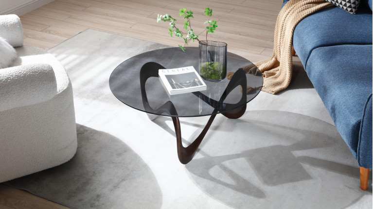 Table basse MEDUSA | Design sculptural en verre fumé et bois foncé