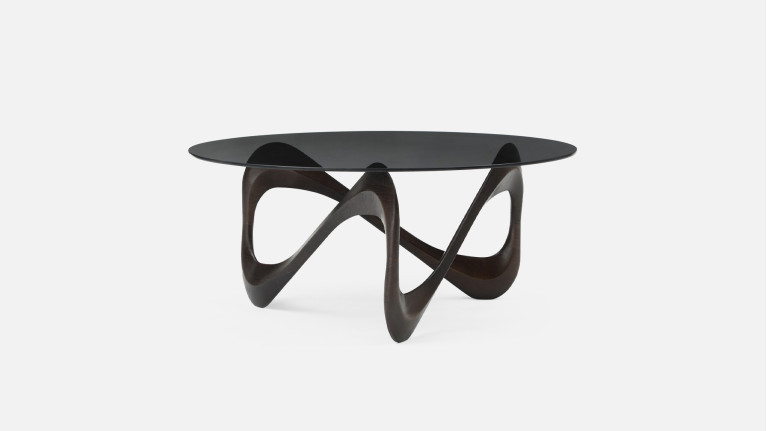 Table basse MEDUSA | Design sculptural en verre fumé et bois foncé