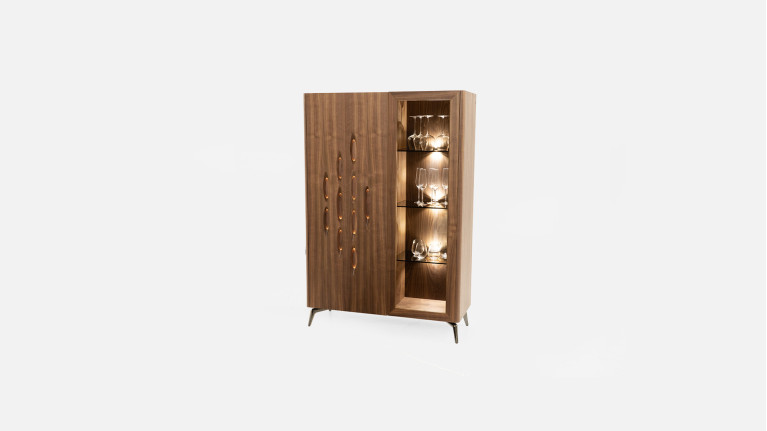 Vitrine OROS - Placage noyer naturel | Élégance sculptée et éclairage