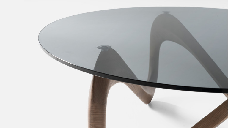 Table basse MEDUSA | Design sculptural en verre fumé et bois foncé