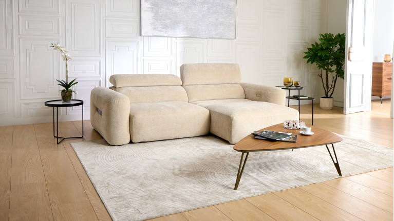 Canapé d’angle relaxation électrique RÉVÉLATION | Tissu beige