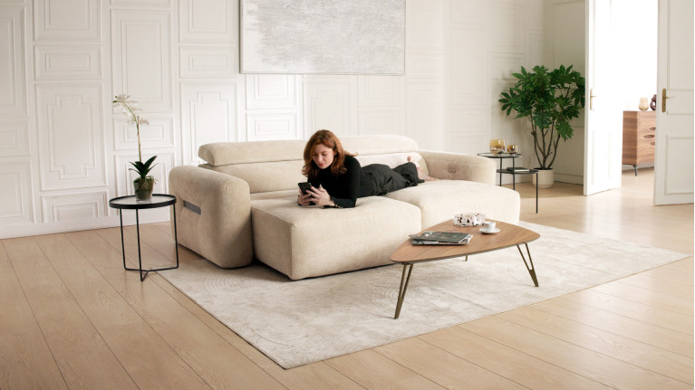 Canapé d’angle relaxation électrique RÉVÉLATION | Tissu beige