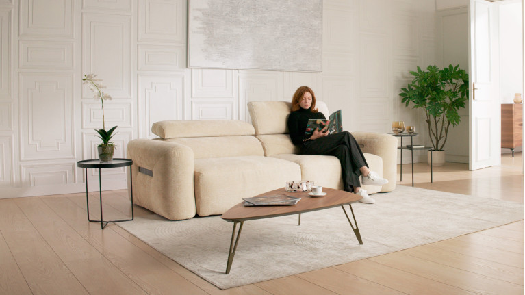 Canapé d’angle relaxation électrique RÉVÉLATION | Tissu beige