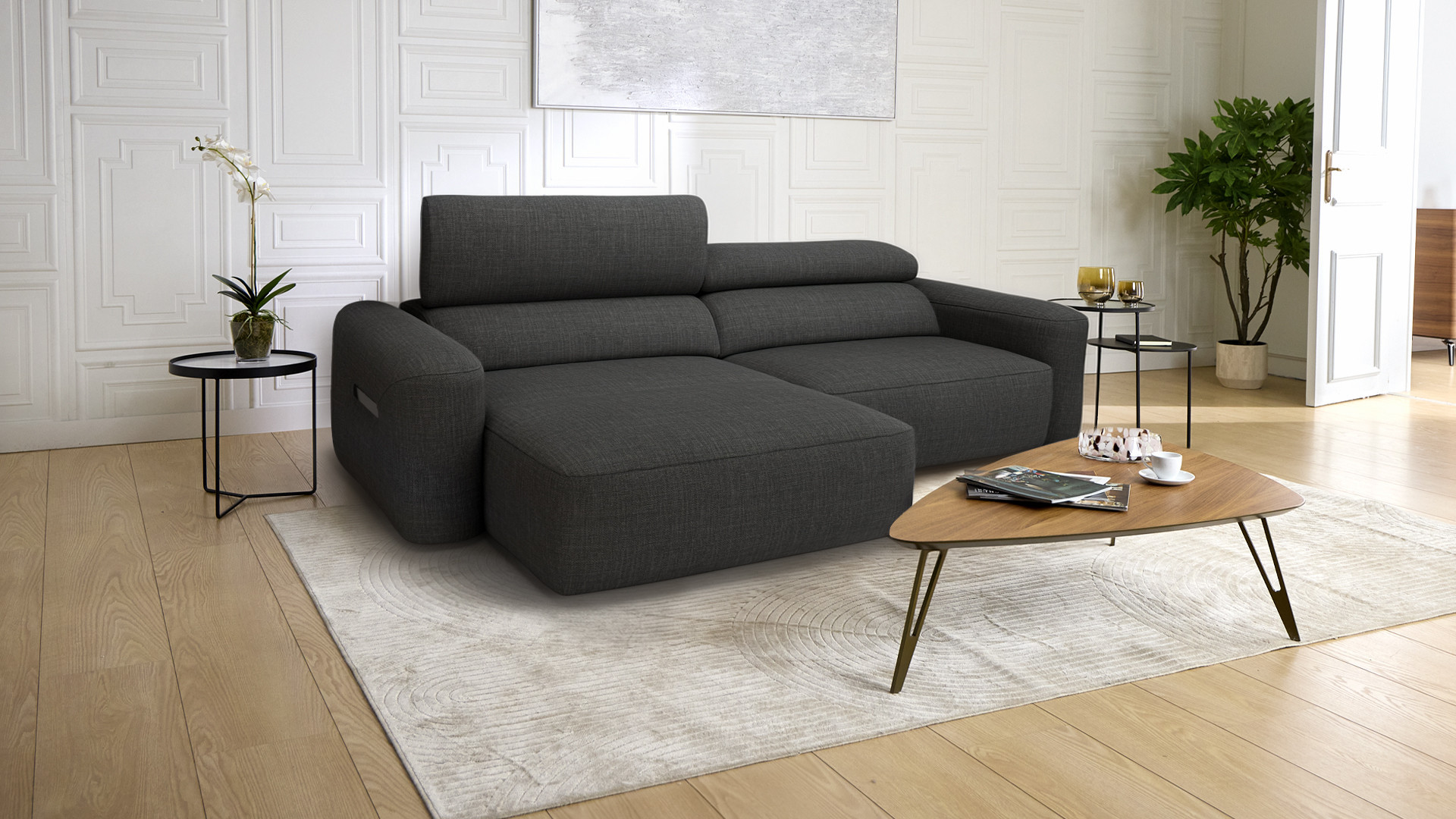 Canapé d’angle relaxation électrique RÉVÉLATION | Tissu beige