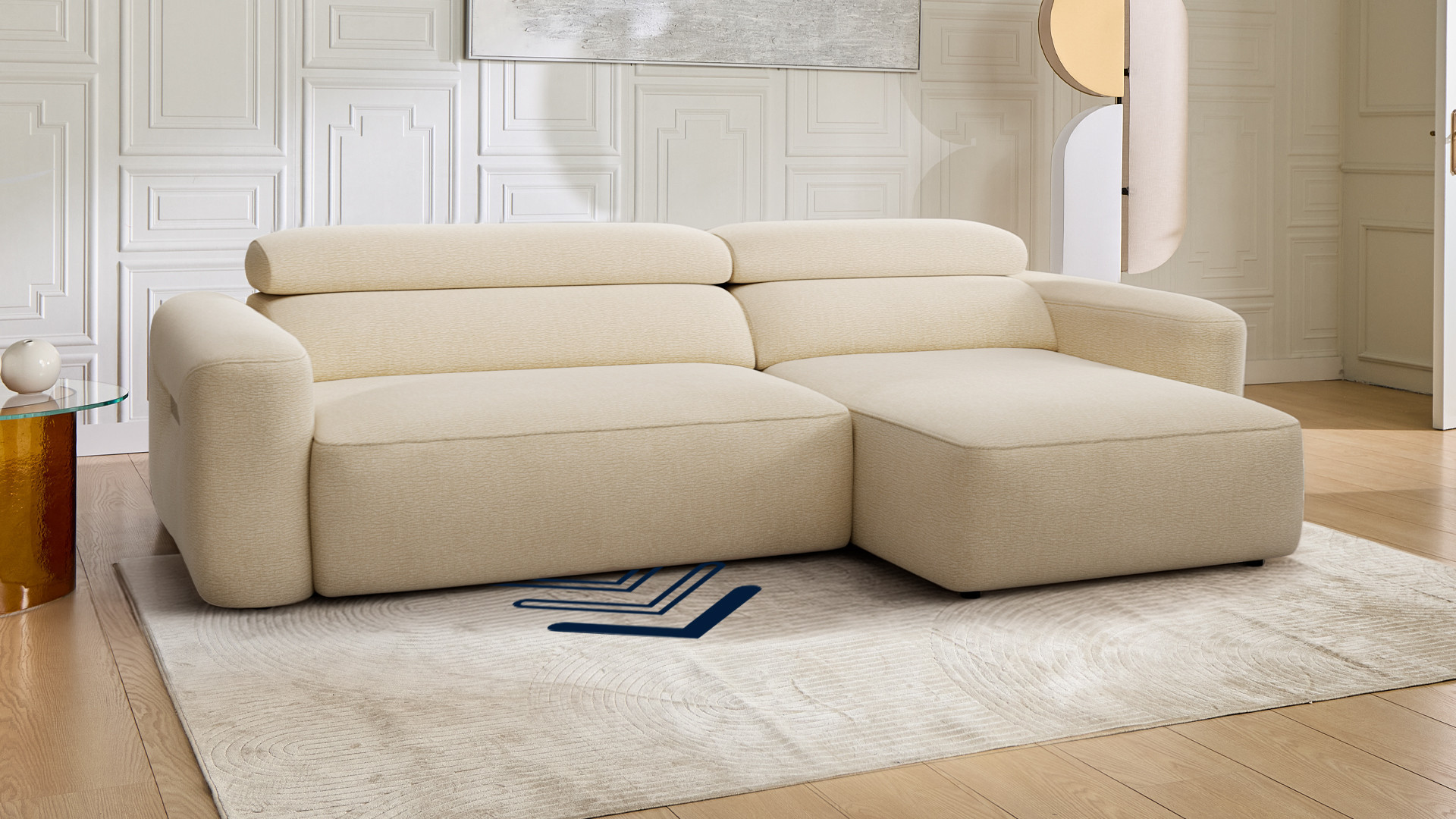 Canapé d’angle relaxation électrique RÉVÉLATION | Tissu beige