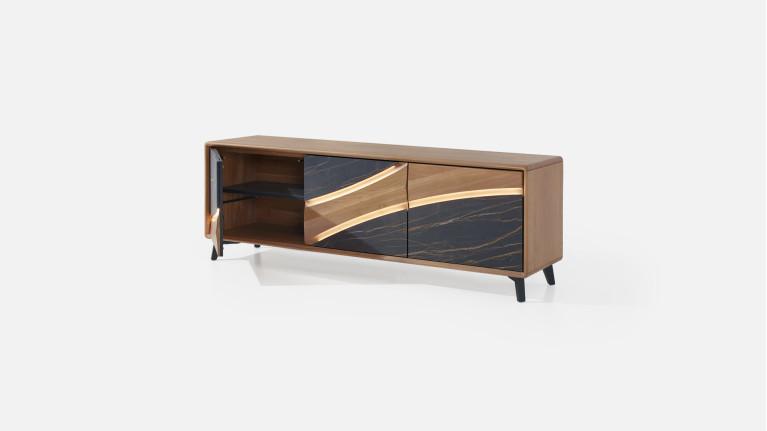 Meuble TV 3 portes CANYON | Bois et céramique marbrée