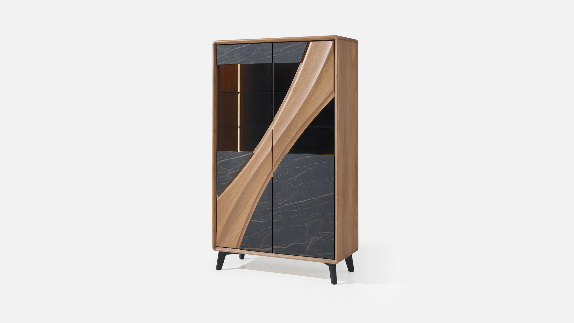 Vitrine 2 portes CANYON — Chaleur du chêne, céramique et verre grisé