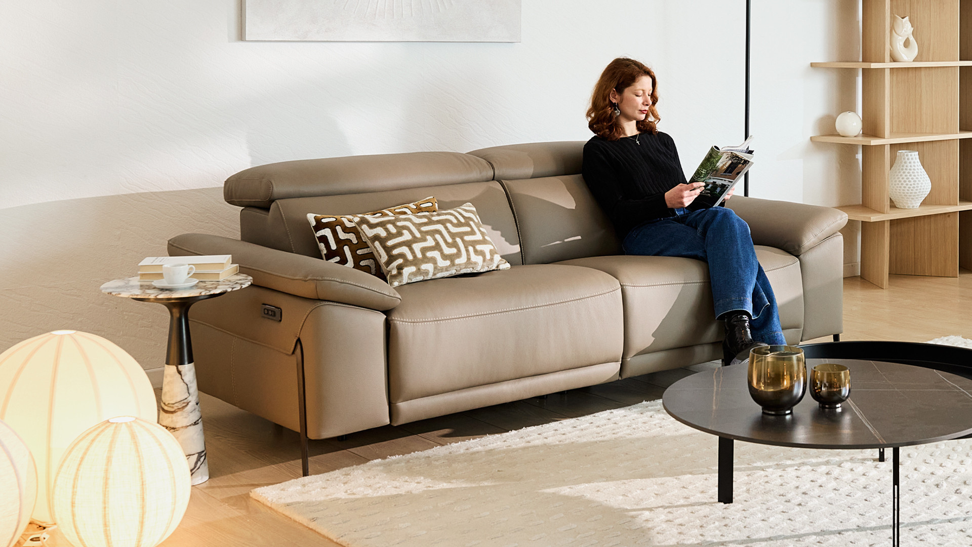 Canapé relaxation électrique 3 places PHOENIX, cuir et tissu