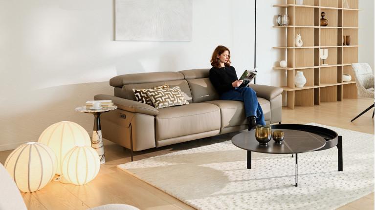 Canapé relaxation électrique 3 places PHOENIX, cuir et tissu