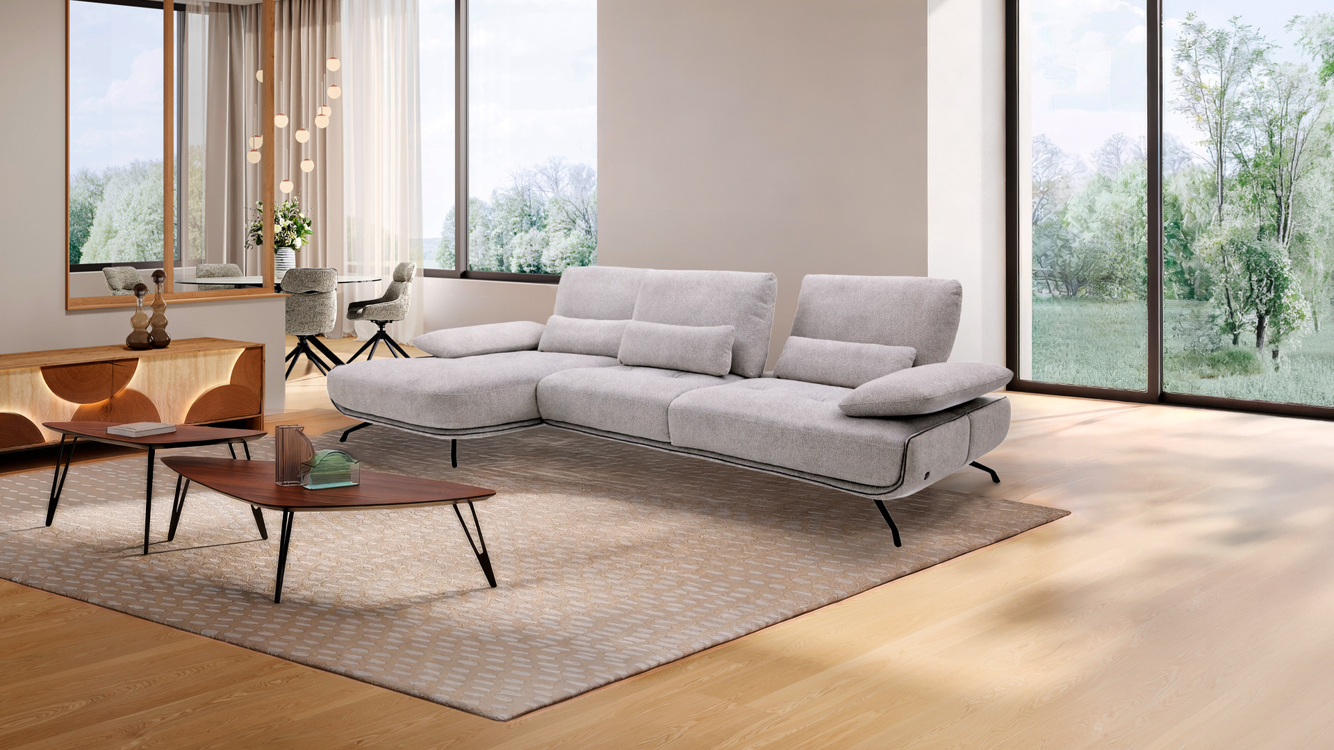 Canapé d'angle PACHA — Dossier avance-recule et accoudoirs ajustables