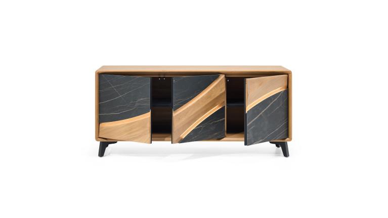 Meuble TV 3 portes CANYON | Bois et céramique marbrée