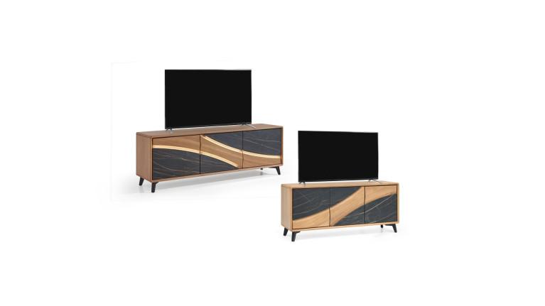 Meuble TV 3 portes CANYON | Bois et céramique marbrée