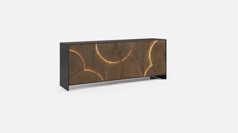 Buffet NEO EQUINOXE – Placage chêne, motifs rondins et éclairage LED