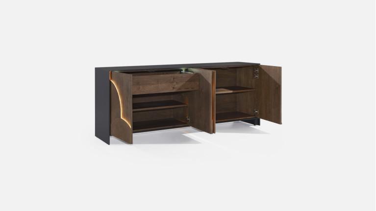 Buffet NEO EQUINOXE – Placage chêne, motifs rondins et éclairage LED