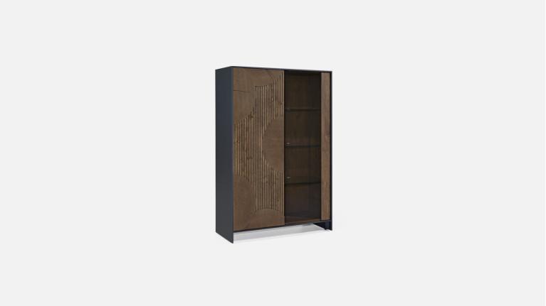 Vitrine NEO EQUINOXE – Placage chêne, étagères verre et éclairage LED