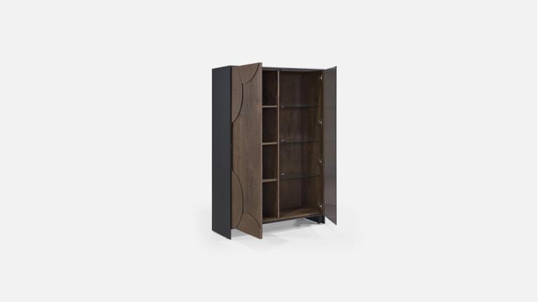 Vitrine NEO EQUINOXE – Placage chêne, étagères verre et éclairage LED