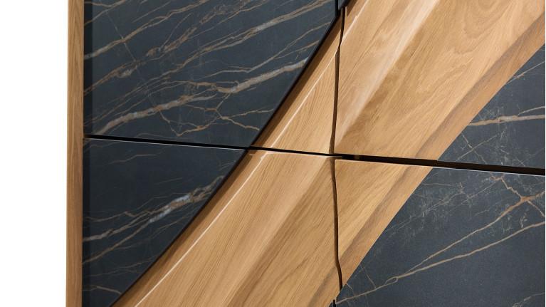 Meuble haut 4 portes CANYON — Céramique marbrée et chaleur du chêne