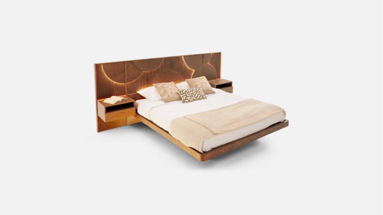 Lit NEO EQUINOXE – Tête de lit rondins, chevets attenants, LED option