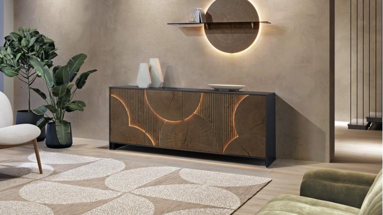 Buffet NEO EQUINOXE – Placage chêne, motifs rondins et éclairage LED