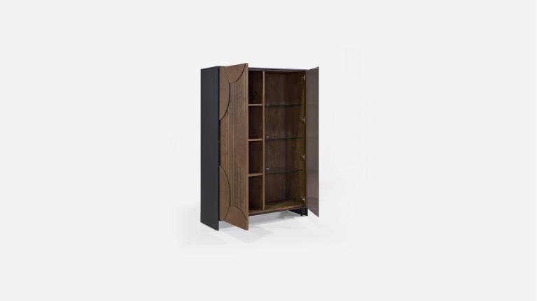Vitrine NEO EQUINOXE – Placage chêne, étagères verre et éclairage LED